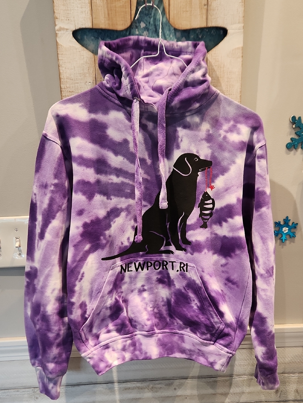 EUC Jon Lauren Apparel Purple Tie-Dye Hoodie w/Black Dog Newport RI Sz S